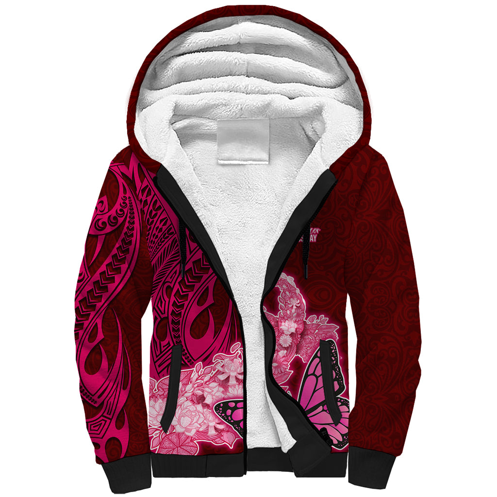 Polynesia Breast Cancer Sherpa Hoodie Butterfly and Flowers Ribbon Maori Tattoo Ethnic Red Style LT03 Unisex Red - Polynesian Pride