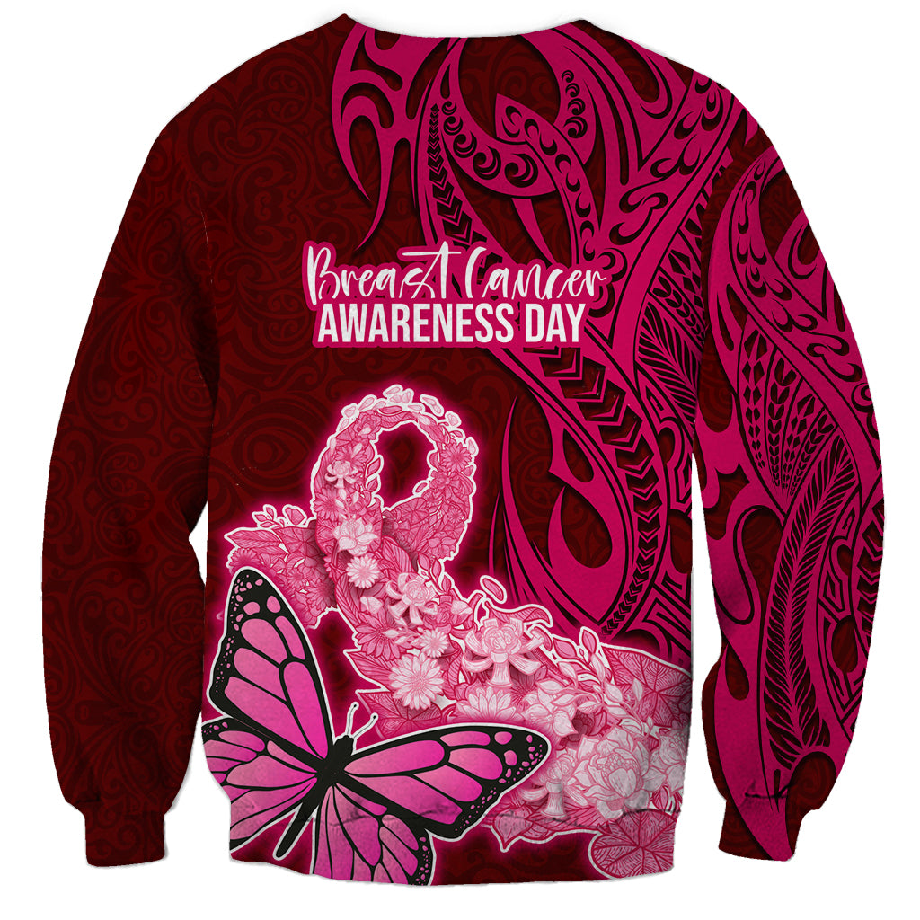 Polynesia Breast Cancer Sweatshirt Butterfly and Flowers Ribbon Maori Tattoo Ethnic Red Style LT03 - Polynesian Pride