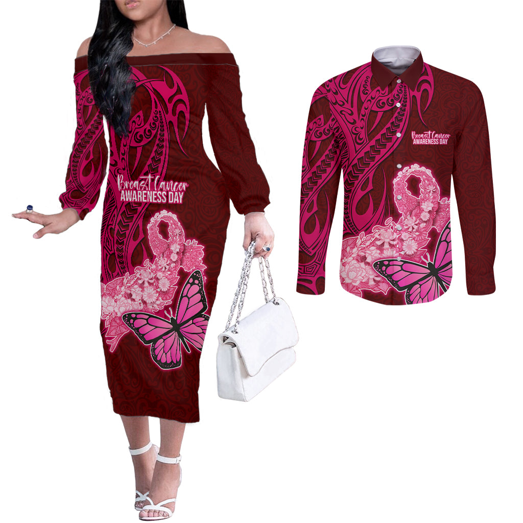 Custom Polynesia Breast Cancer Couples Matching Off The Shoulder Long Sleeve Dress and Long Sleeve Button Shirts Butterfly and Flowers Ribbon Maori Tattoo Ethnic Red Style LT03 Red - Polynesian Pride