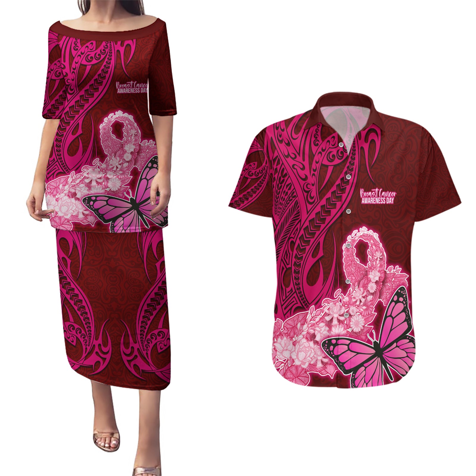 Custom Polynesia Breast Cancer Couples Matching Puletasi Dress and Hawaiian Shirt Butterfly and Flowers Ribbon Maori Tattoo Ethnic Red Style LT03 Red - Polynesian Pride