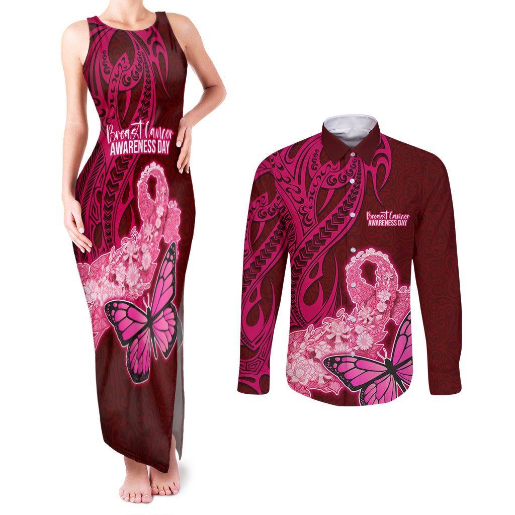 Custom Polynesia Breast Cancer Couples Matching Tank Maxi Dress and Long Sleeve Button Shirts Butterfly and Flowers Ribbon Maori Tattoo Ethnic Red Style LT03 Red - Polynesian Pride