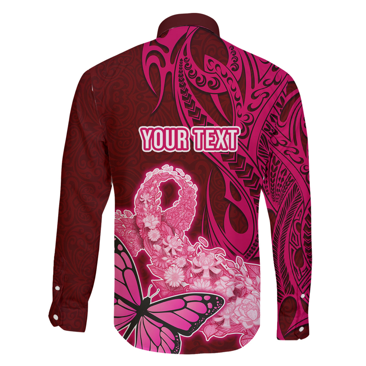 Custom Polynesia Breast Cancer Family Matching Mermaid Dress and Hawaiian Shirt Butterfly and Flowers Ribbon Maori Tattoo Ethnic Red Style LT03 - Polynesian Pride