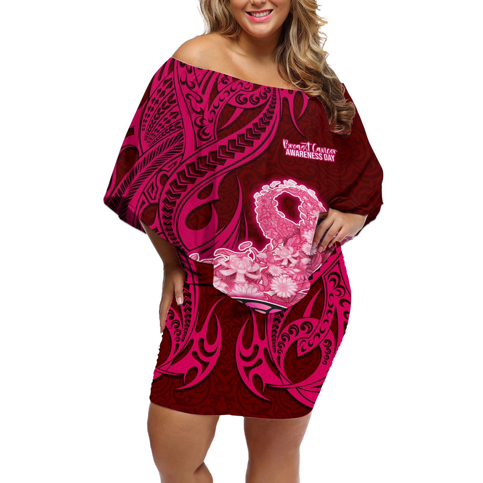 Custom Polynesia Breast Cancer Off Shoulder Short Dress Butterfly and Flowers Ribbon Maori Tattoo Ethnic Red Style LT03 Women Red - Polynesian Pride