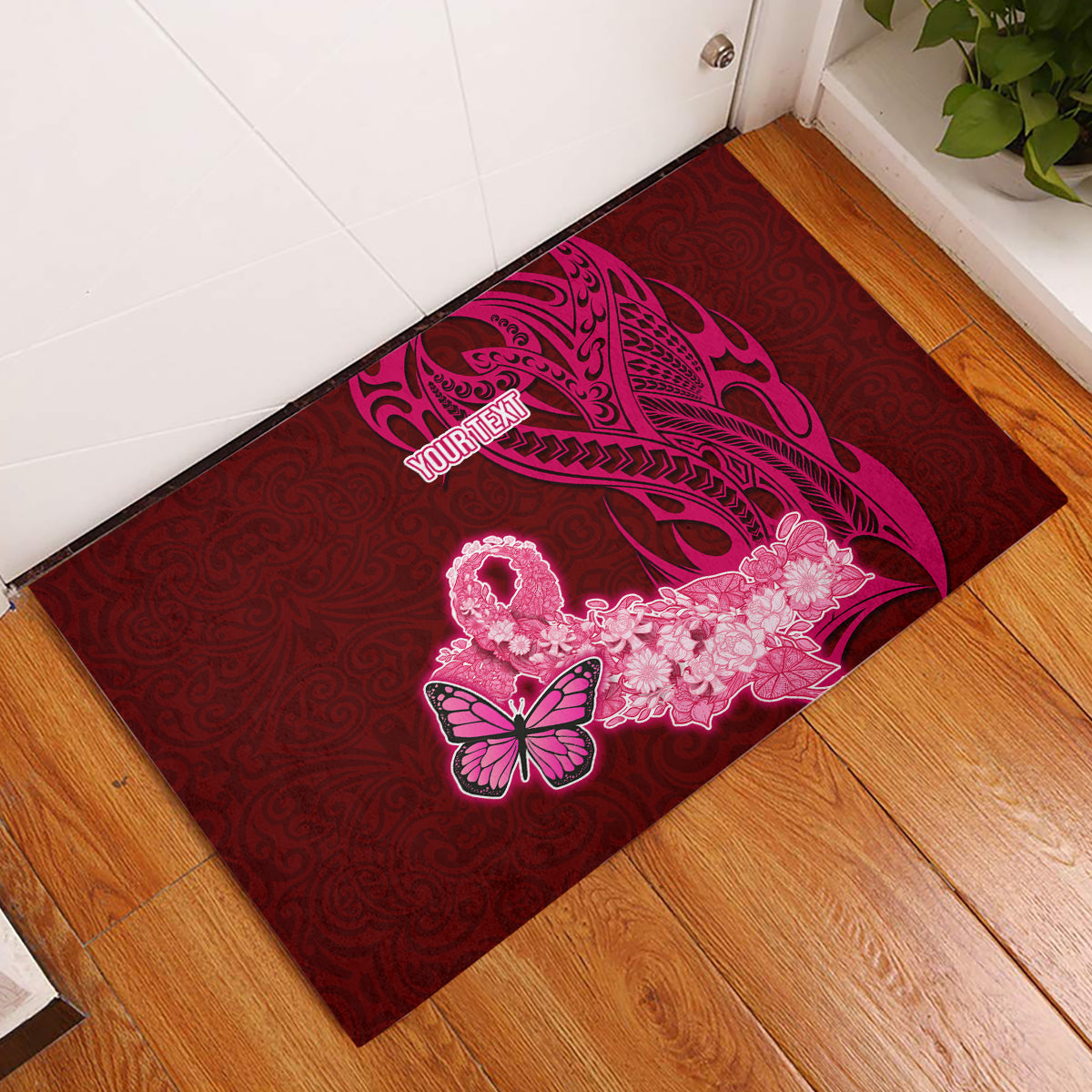 Custom Polynesia Breast Cancer Rubber Doormat Butterfly and Flowers Ribbon Maori Tattoo Ethnic Red Style LT03 Red - Polynesian Pride