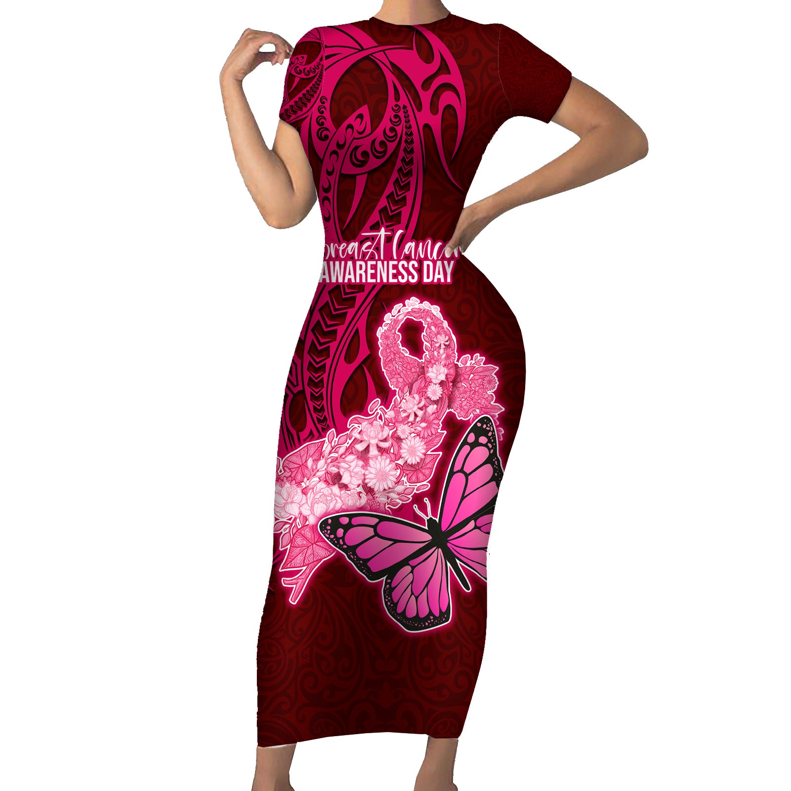 Custom Polynesia Breast Cancer Short Sleeve Bodycon Dress Butterfly and Flowers Ribbon Maori Tattoo Ethnic Red Style LT03 Long Dress Red - Polynesian Pride