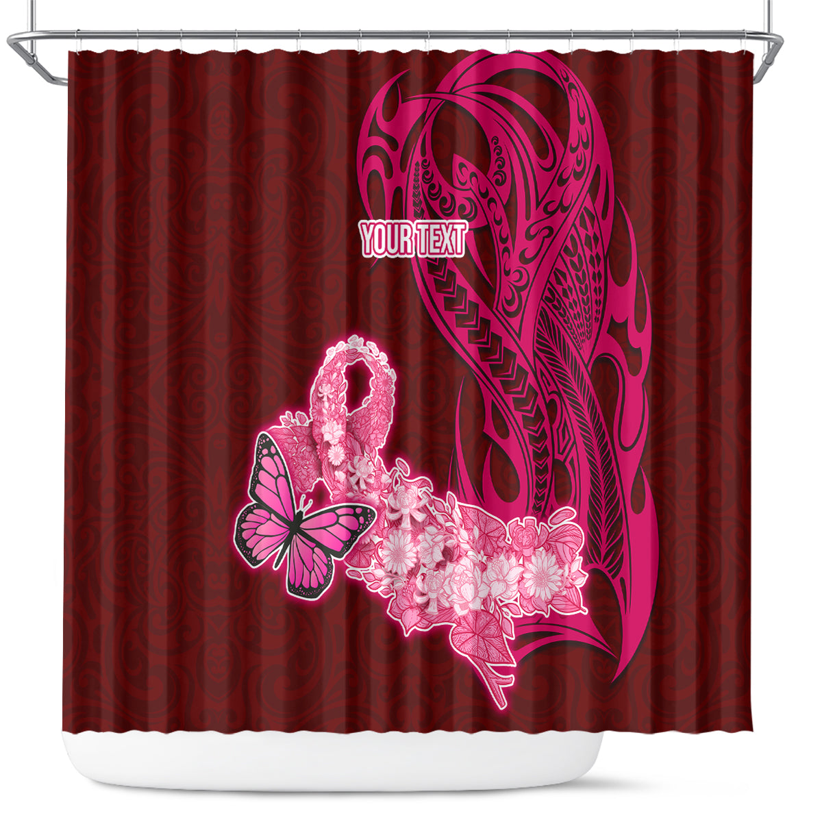 Custom Polynesia Breast Cancer Shower Curtain Butterfly and Flowers Ribbon Maori Tattoo Ethnic Red Style LT03 Red - Polynesian Pride