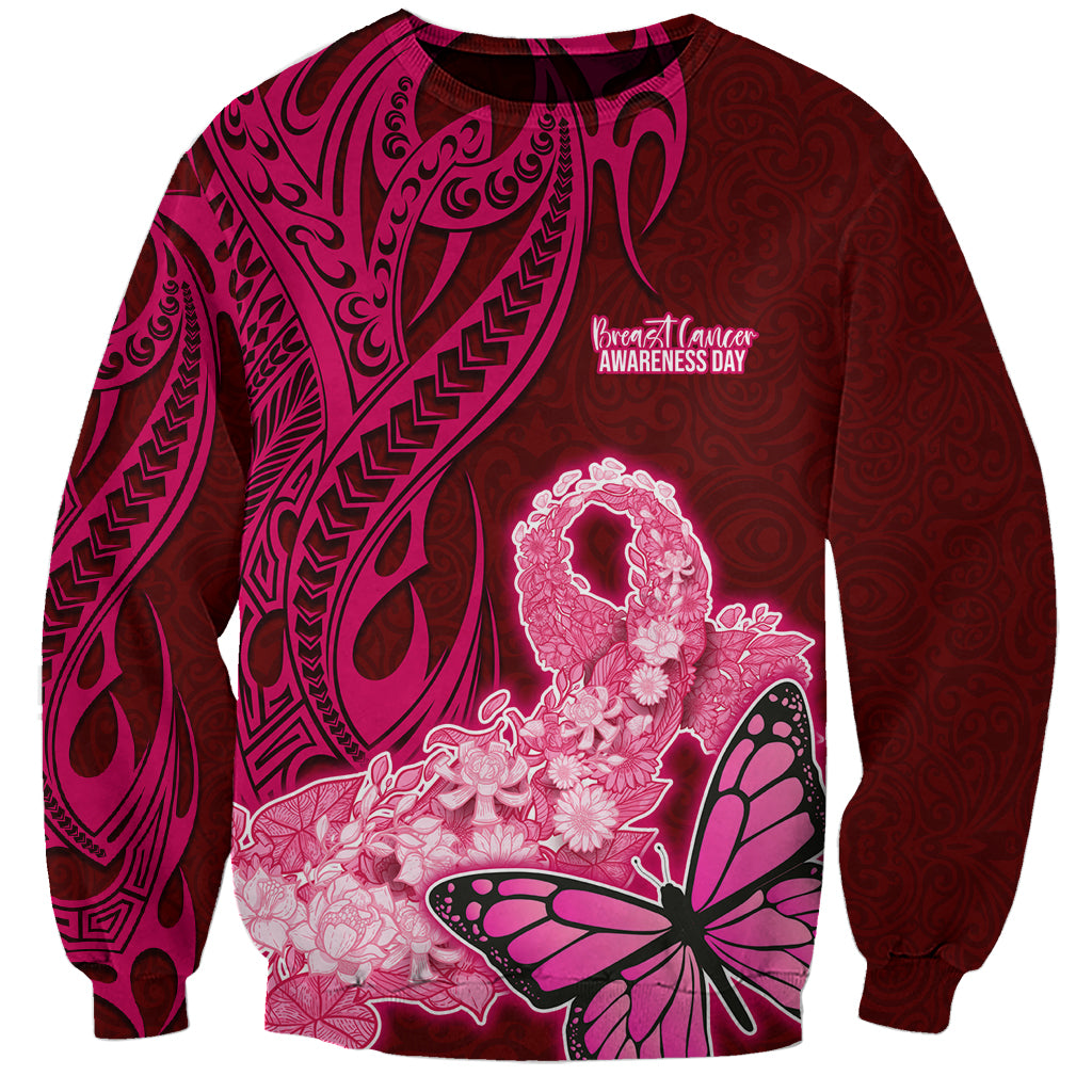 Custom Polynesia Breast Cancer Sweatshirt Butterfly and Flowers Ribbon Maori Tattoo Ethnic Red Style LT03 Unisex Red - Polynesian Pride