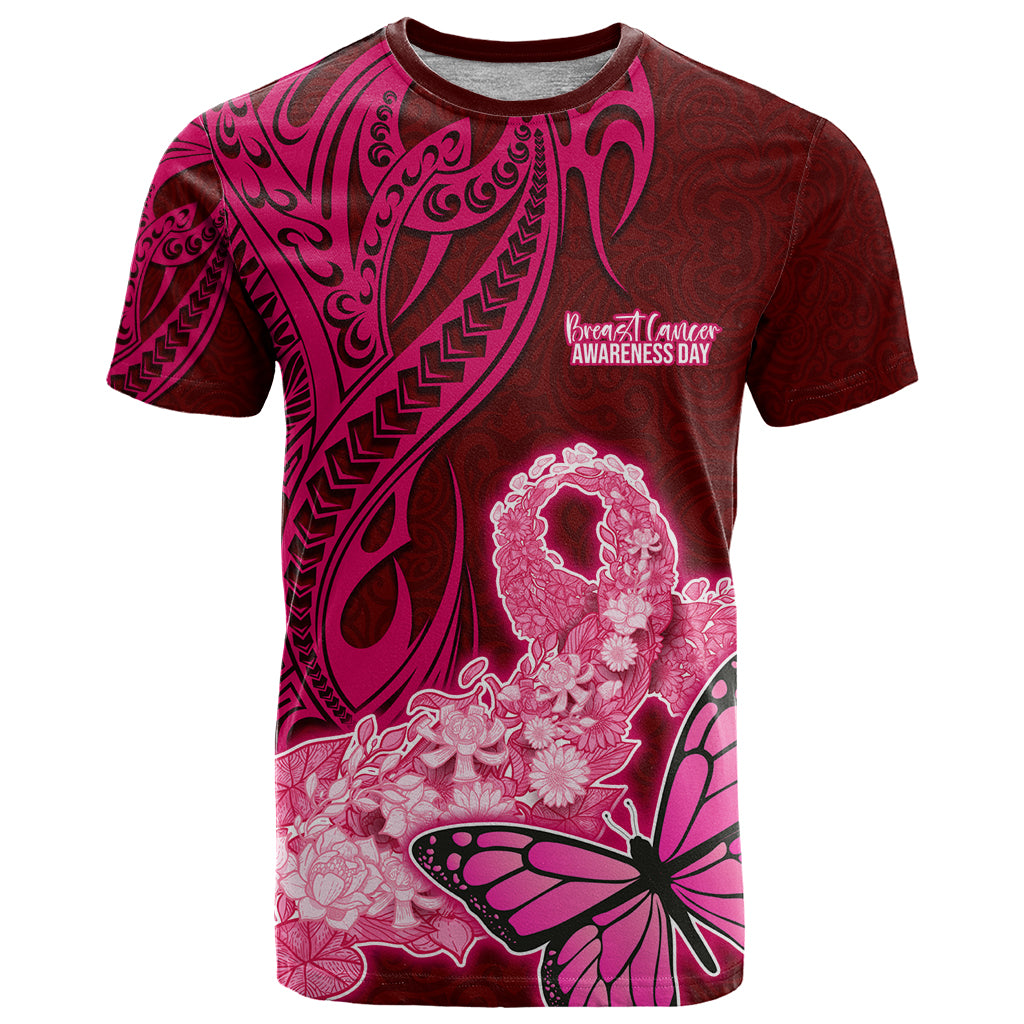 Custom Polynesia Breast Cancer T Shirt Butterfly and Flowers Ribbon Maori Tattoo Ethnic Red Style LT03 Red - Polynesian Pride