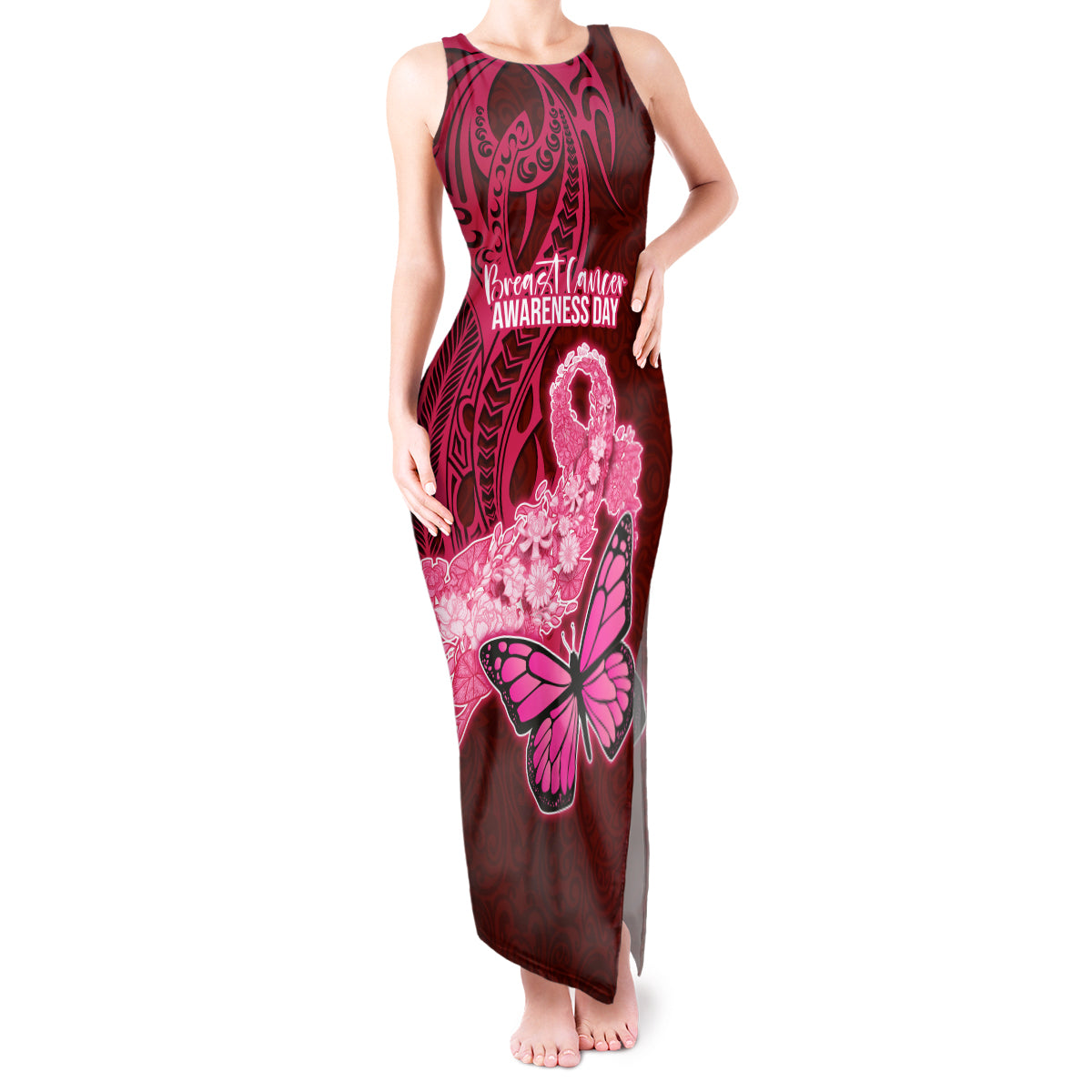 Custom Polynesia Breast Cancer Tank Maxi Dress Butterfly and Flowers Ribbon Maori Tattoo Ethnic Red Style LT03 Women Red - Polynesian Pride