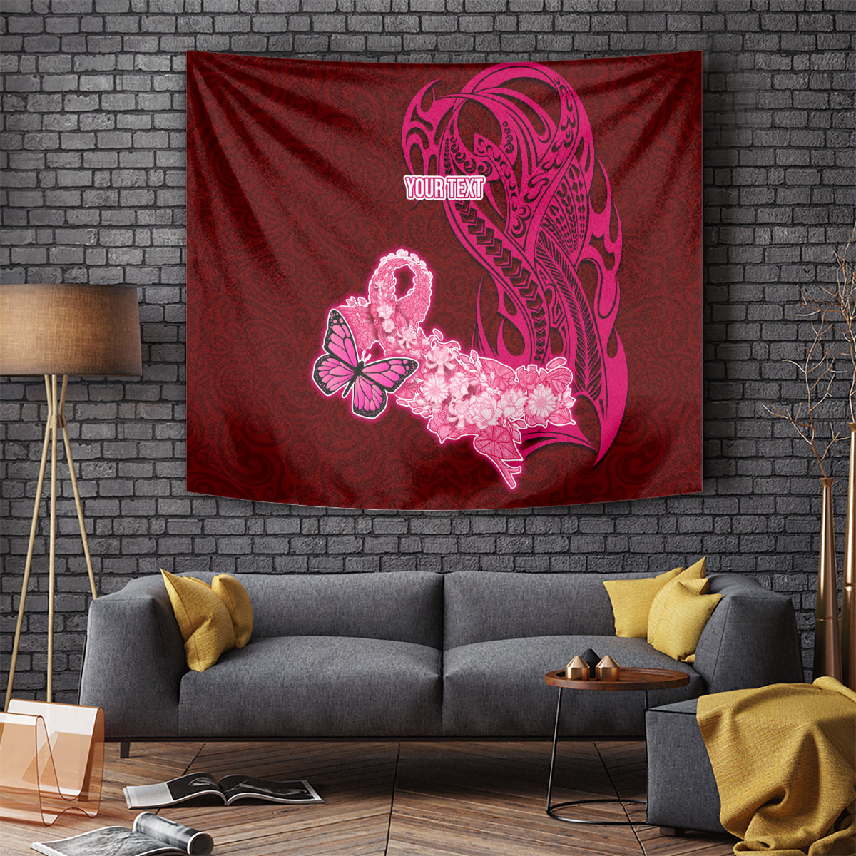 Custom Polynesia Breast Cancer Tapestry Butterfly and Flowers Ribbon Maori Tattoo Ethnic Red Style LT03 Red - Polynesian Pride