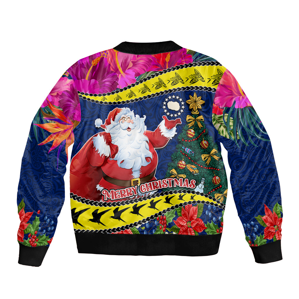 Cook Island Christmas Bomber Jacket Santa Claus Mix Maroro and Kakaia Hibiscus Flower Maori Pattern LT03 - Polynesian Pride