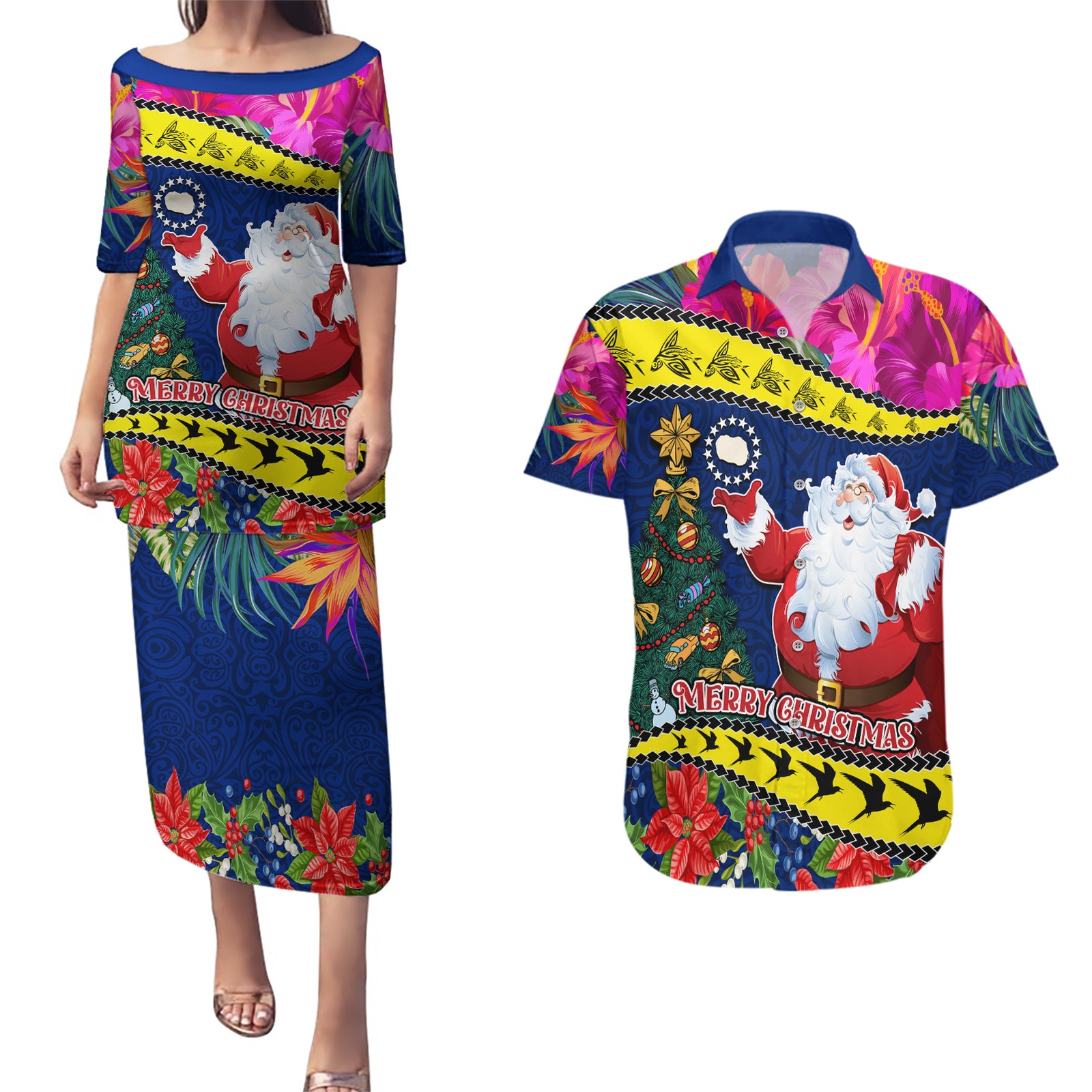 Cook Island Christmas Couples Matching Puletasi Dress and Hawaiian Shirt Santa Claus Mix Maroro and Kakaia Hibiscus Flower Maori Pattern LT03 Blue - Polynesian Pride