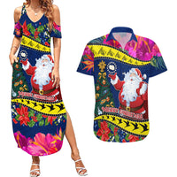 Cook Island Christmas Couples Matching Summer Maxi Dress and Hawaiian Shirt Santa Claus Mix Maroro and Kakaia Hibiscus Flower Maori Pattern LT03 Blue - Polynesian Pride