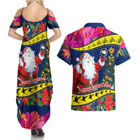 Cook Island Christmas Couples Matching Summer Maxi Dress and Hawaiian Shirt Santa Claus Mix Maroro and Kakaia Hibiscus Flower Maori Pattern LT03 - Polynesian Pride