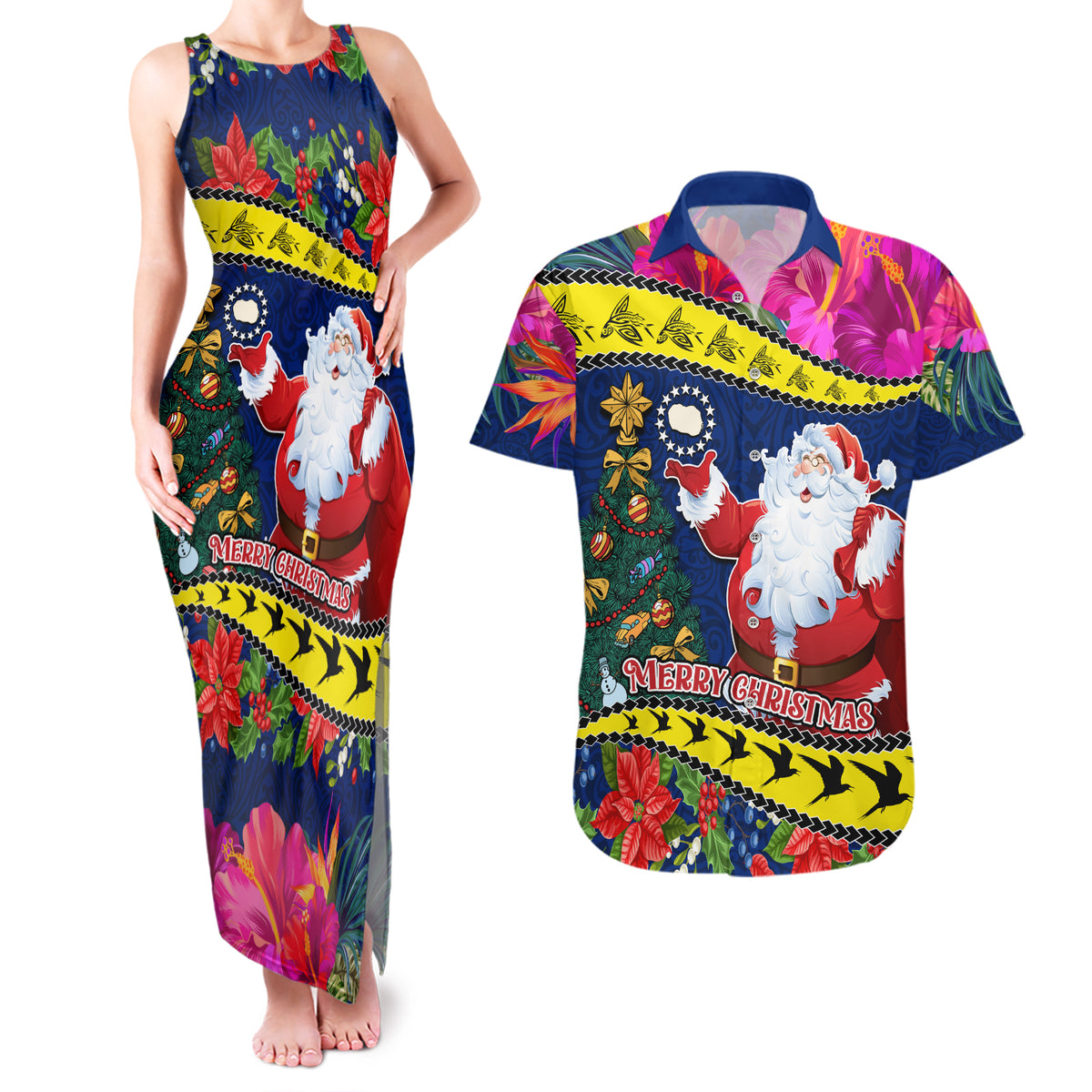 Cook Island Christmas Couples Matching Tank Maxi Dress and Hawaiian Shirt Santa Claus Mix Maroro and Kakaia Hibiscus Flower Maori Pattern LT03 Blue - Polynesian Pride