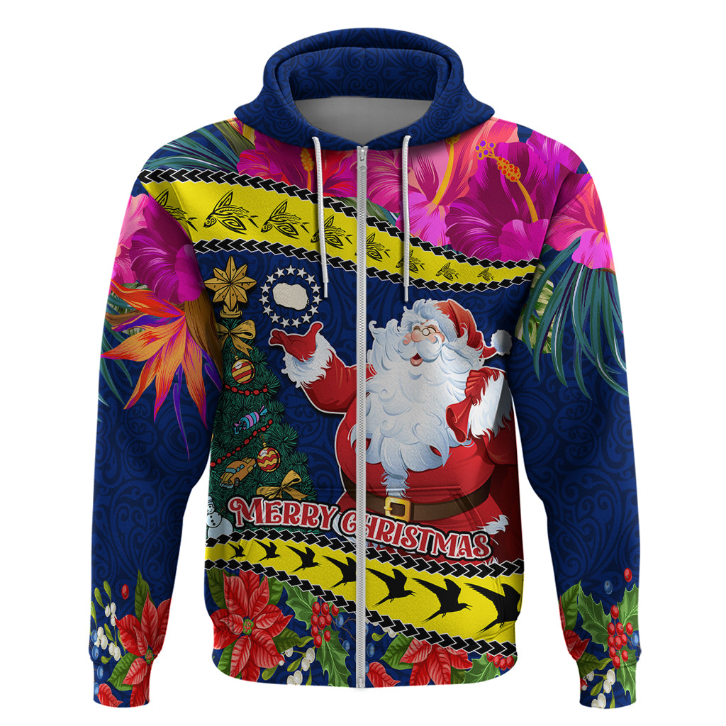Cook Island Christmas Hoodie Santa Claus Mix Maroro and Kakaia Hibiscus Flower Maori Pattern LT03 Zip Hoodie Blue - Polynesian Pride