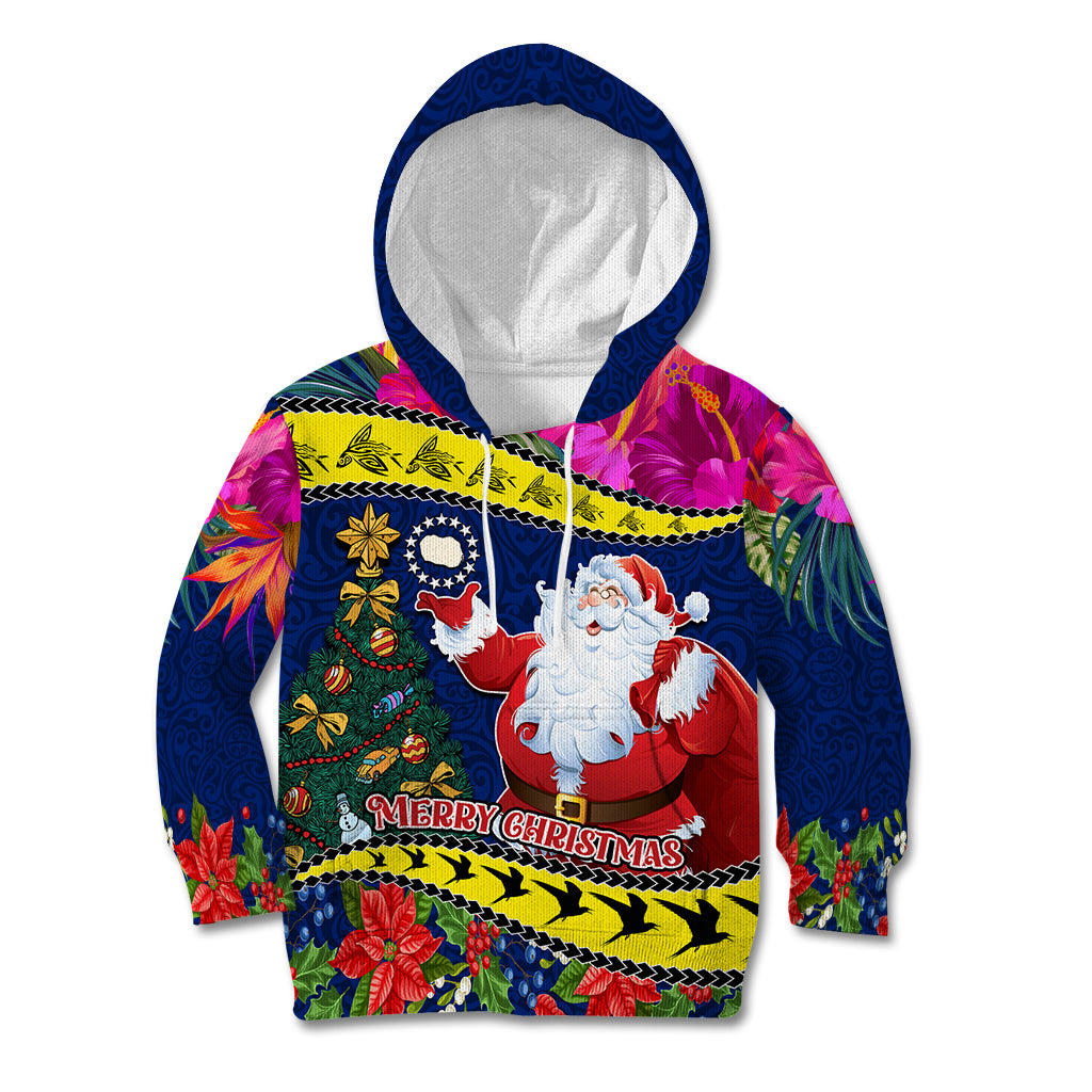 Cook Island Christmas Kid Hoodie Santa Claus Mix Maroro and Kakaia Hibiscus Flower Maori Pattern LT03 Blue - Polynesian Pride