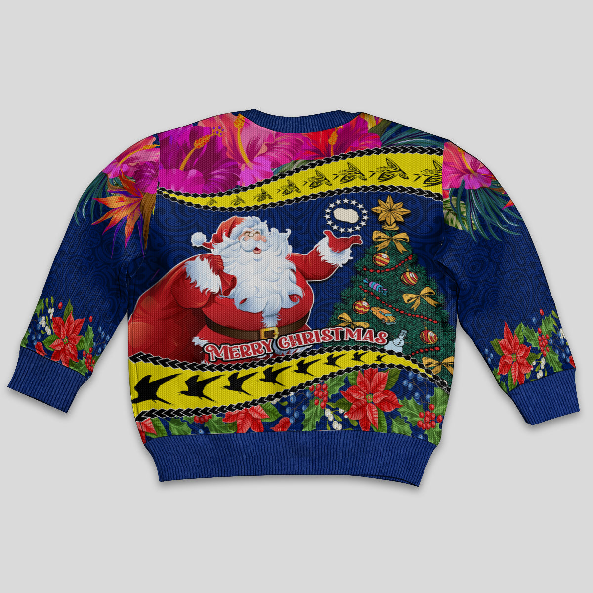 Cook Island Christmas Kid Ugly Christmas Sweater Santa Claus Mix Maroro and Kakaia Hibiscus Flower Maori Pattern LT03 - Polynesian Pride