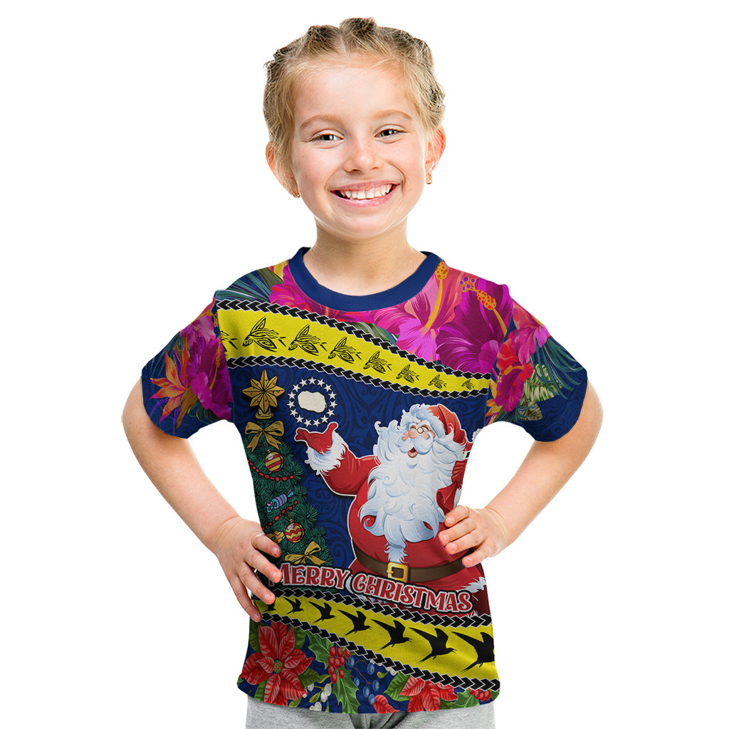 Cook Island Christmas Kid T Shirt Santa Claus Mix Maroro and Kakaia Hibiscus Flower Maori Pattern LT03 Blue - Polynesian Pride