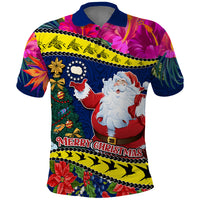 Cook Island Christmas Polo Shirt Santa Claus Mix Maroro and Kakaia Hibiscus Flower Maori Pattern LT03 Blue - Polynesian Pride