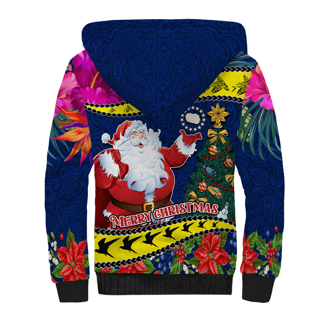 Cook Island Christmas Sherpa Hoodie Santa Claus Mix Maroro and Kakaia Hibiscus Flower Maori Pattern LT03 - Polynesian Pride