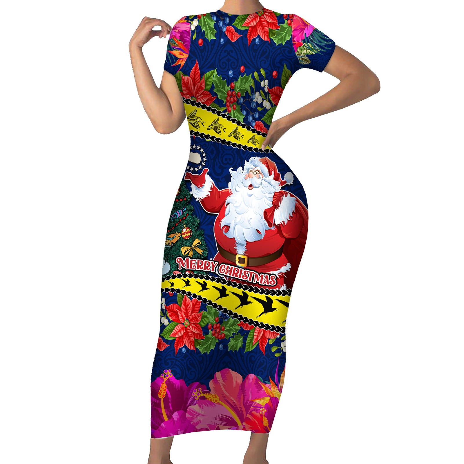 Cook Island Christmas Short Sleeve Bodycon Dress Santa Claus Mix Maroro and Kakaia Hibiscus Flower Maori Pattern LT03 Long Dress Blue - Polynesian Pride