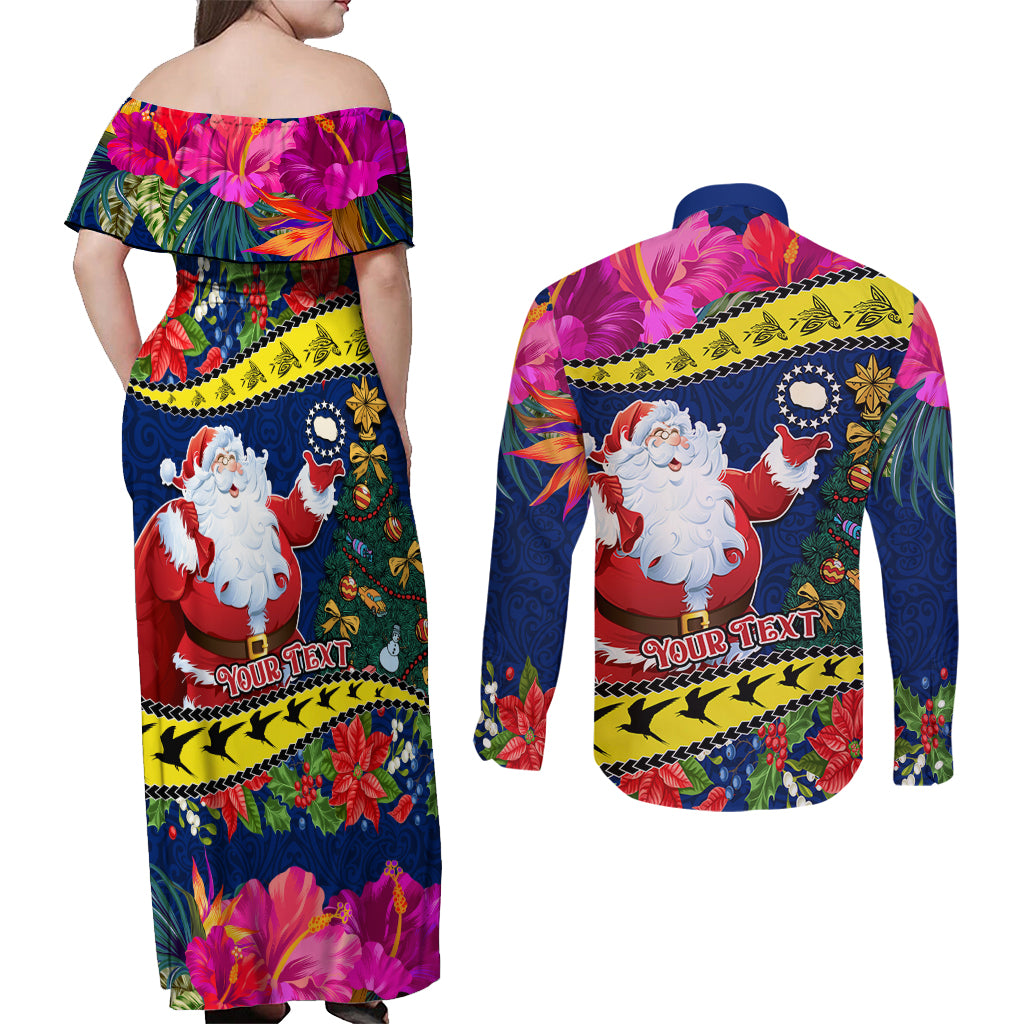 Personalised Cook Island Christmas Couples Matching Off Shoulder Maxi Dress and Long Sleeve Button Shirt Santa Claus Mix Maroro and Kakaia Hibiscus Flower Maori Pattern LT03 - Polynesian Pride