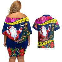 Personalised Cook Island Christmas Couples Matching Off Shoulder Short Dress and Hawaiian Shirt Santa Claus Mix Maroro and Kakaia Hibiscus Flower Maori Pattern LT03 - Polynesian Pride