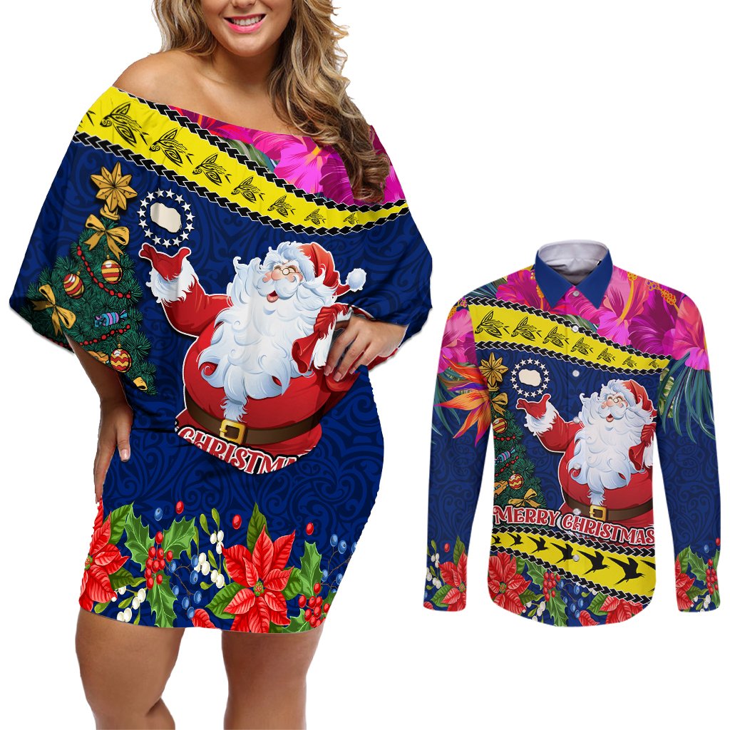 Personalised Cook Island Christmas Couples Matching Off Shoulder Short Dress and Long Sleeve Button Shirt Santa Claus Mix Maroro and Kakaia Hibiscus Flower Maori Pattern LT03 Blue - Polynesian Pride