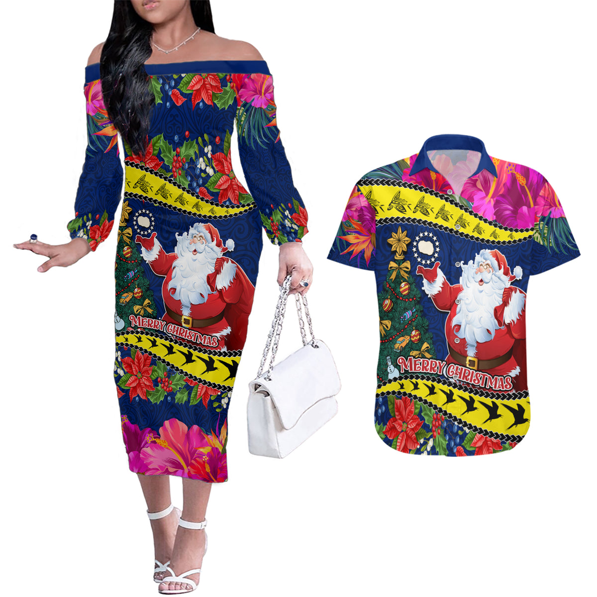 Personalised Cook Island Christmas Couples Matching Off The Shoulder Long Sleeve Dress and Hawaiian Shirt Santa Claus Mix Maroro and Kakaia Hibiscus Flower Maori Pattern LT03 Blue - Polynesian Pride