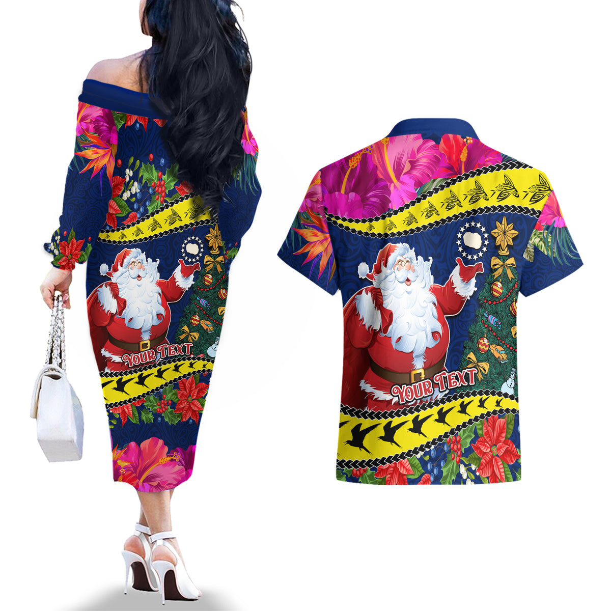 Personalised Cook Island Christmas Couples Matching Off The Shoulder Long Sleeve Dress and Hawaiian Shirt Santa Claus Mix Maroro and Kakaia Hibiscus Flower Maori Pattern LT03 - Polynesian Pride