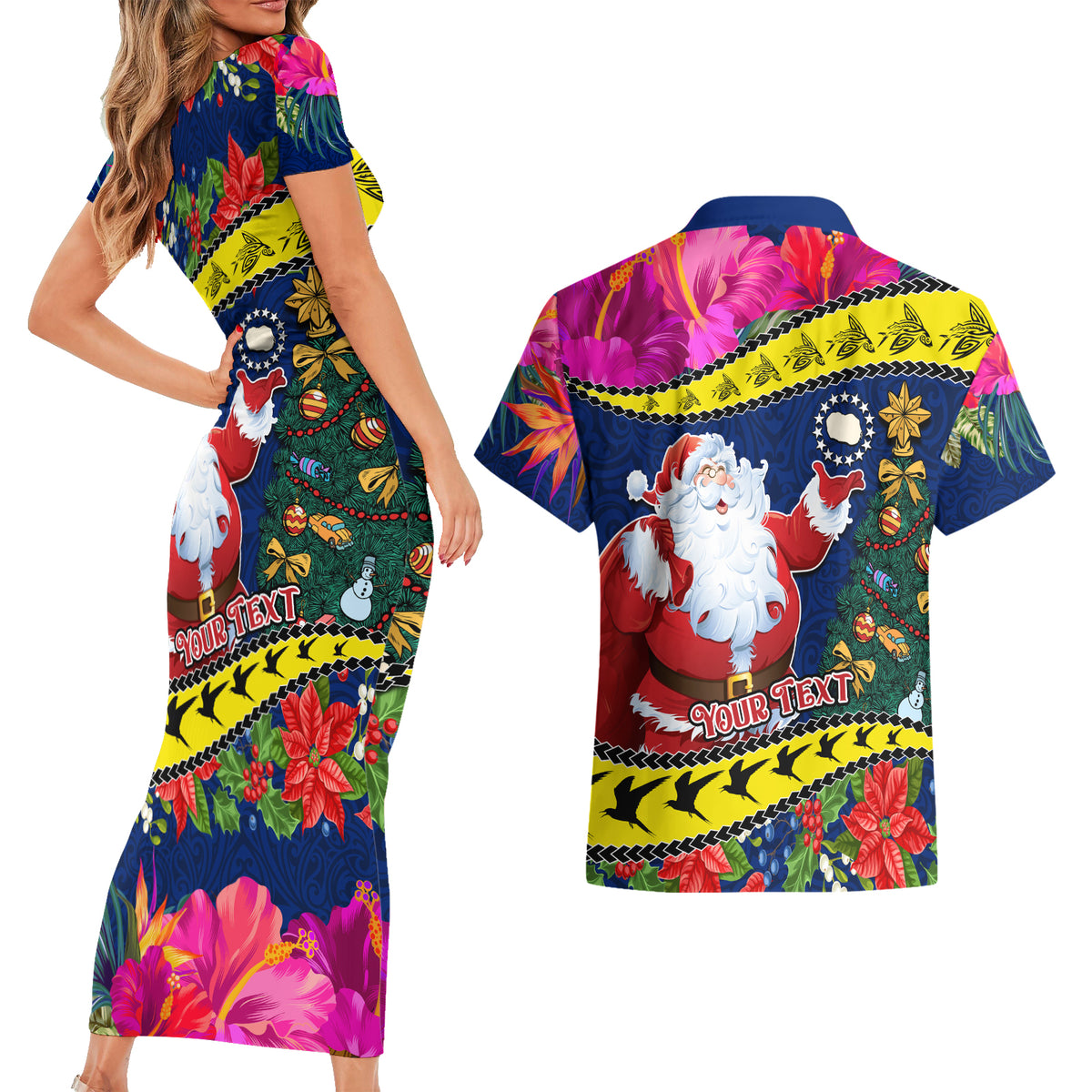 Personalised Cook Island Christmas Couples Matching Short Sleeve Bodycon Dress and Hawaiian Shirt Santa Claus Mix Maroro and Kakaia Hibiscus Flower Maori Pattern LT03 - Polynesian Pride