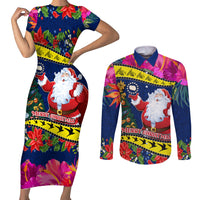 Personalised Cook Island Christmas Couples Matching Short Sleeve Bodycon Dress and Long Sleeve Button Shirt Santa Claus Mix Maroro and Kakaia Hibiscus Flower Maori Pattern LT03 Blue - Polynesian Pride