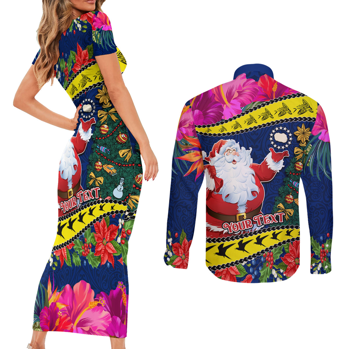 Personalised Cook Island Christmas Couples Matching Short Sleeve Bodycon Dress and Long Sleeve Button Shirt Santa Claus Mix Maroro and Kakaia Hibiscus Flower Maori Pattern LT03 - Polynesian Pride