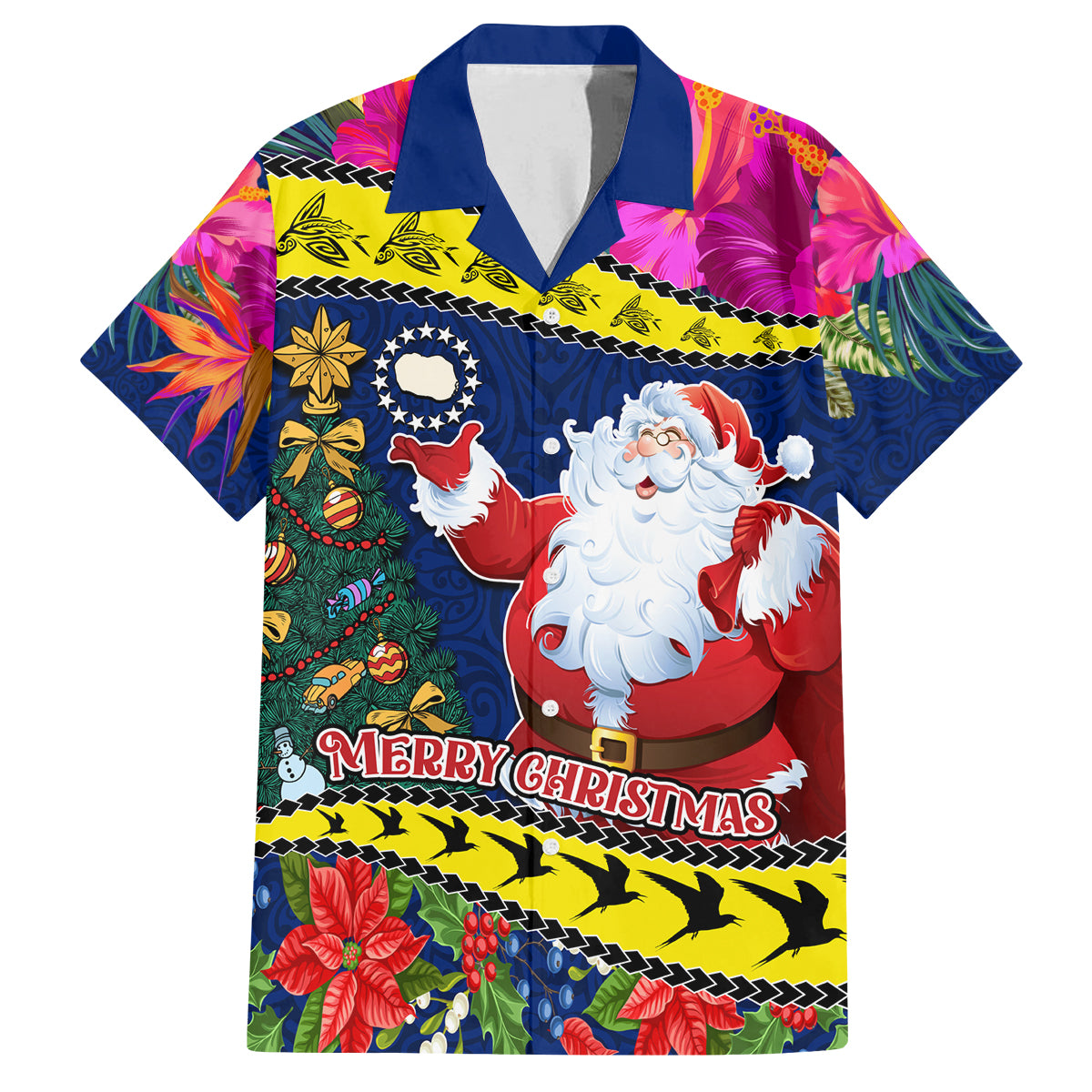 Personalised Cook Island Christmas Family Matching Long Sleeve Bodycon Dress and Hawaiian Shirt Santa Claus Mix Maroro and Kakaia Hibiscus Flower Maori Pattern LT03 Dad's Shirt - Short Sleeve Blue - Polynesian Pride