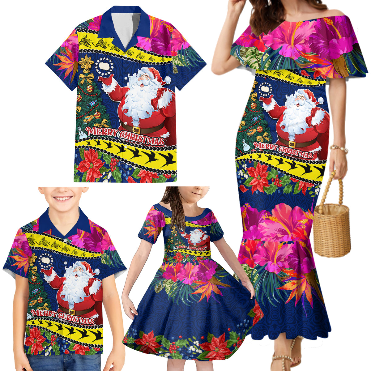Personalised Cook Island Christmas Family Matching Mermaid Dress and Hawaiian Shirt Santa Claus Mix Maroro and Kakaia Hibiscus Flower Maori Pattern LT03 - Polynesian Pride