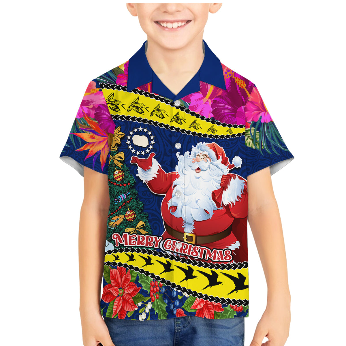 Personalised Cook Island Christmas Family Matching Mermaid Dress and Hawaiian Shirt Santa Claus Mix Maroro and Kakaia Hibiscus Flower Maori Pattern LT03 Son's Shirt Blue - Polynesian Pride