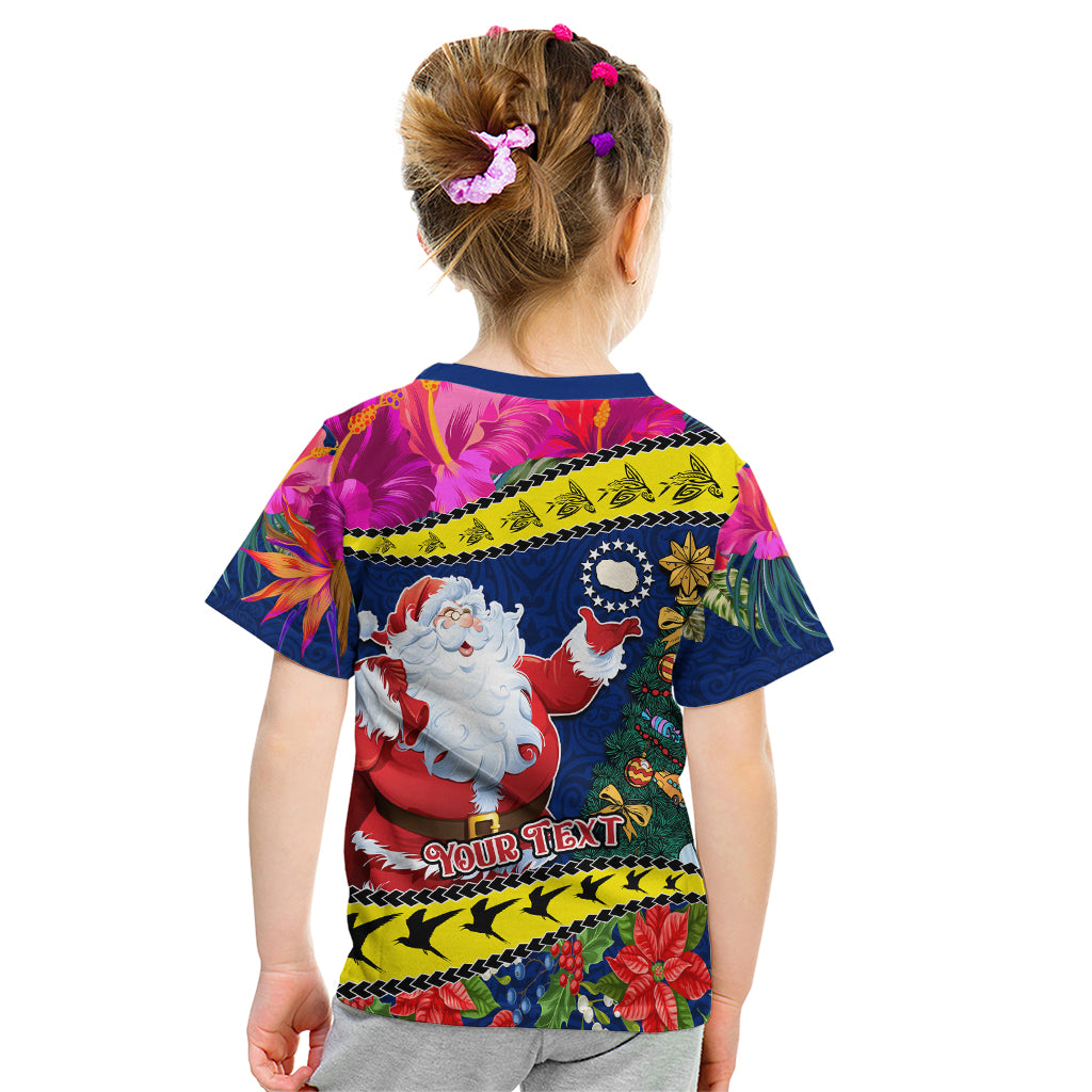 Personalised Cook Island Christmas Kid T Shirt Santa Claus Mix Maroro and Kakaia Hibiscus Flower Maori Pattern LT03 - Polynesian Pride