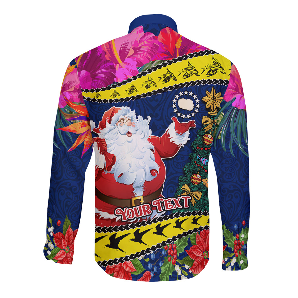 Personalised Cook Island Christmas Long Sleeve Button Shirt Santa Claus Mix Maroro and Kakaia Hibiscus Flower Maori Pattern LT03 - Polynesian Pride