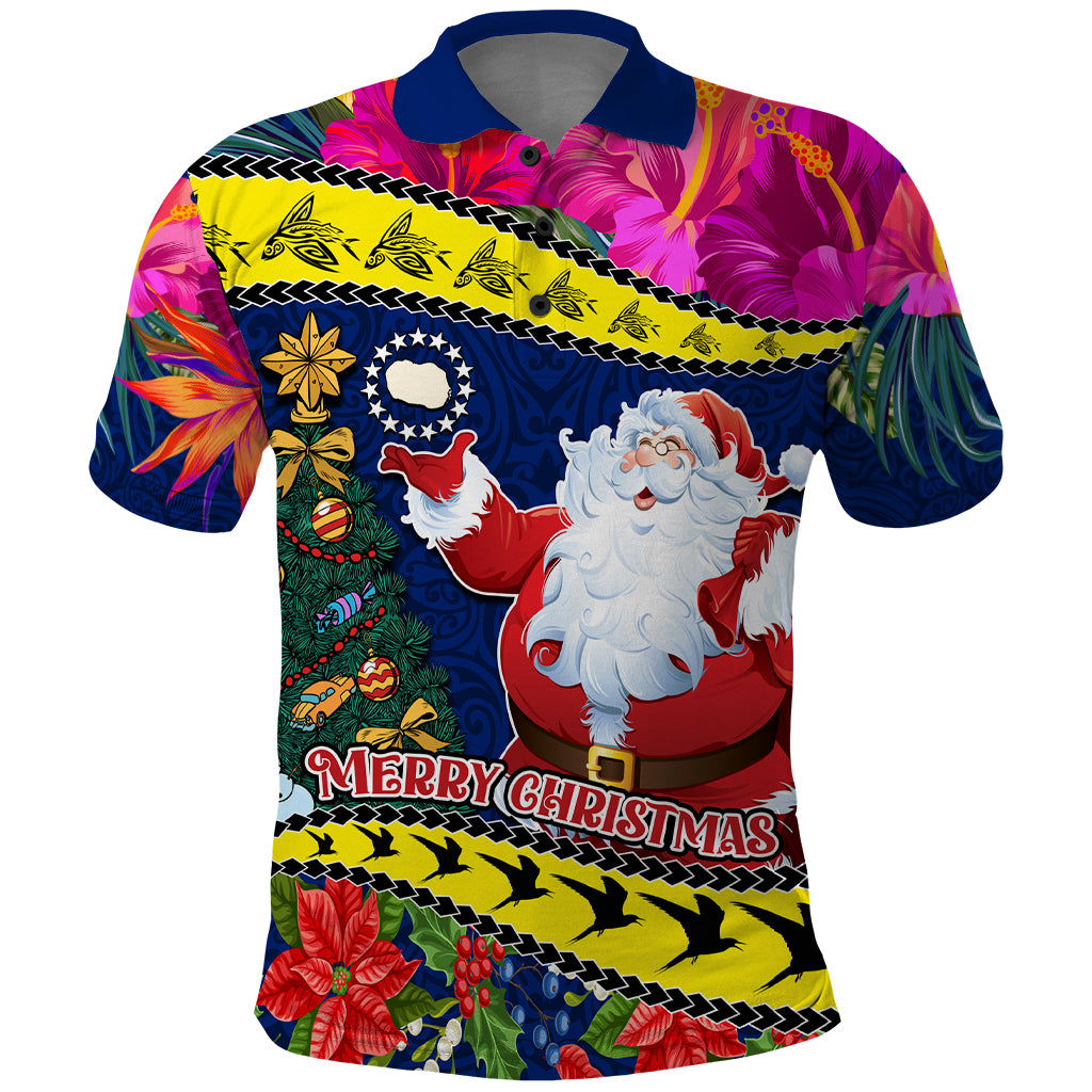 Personalised Cook Island Christmas Polo Shirt Santa Claus Mix Maroro and Kakaia Hibiscus Flower Maori Pattern LT03 Blue - Polynesian Pride