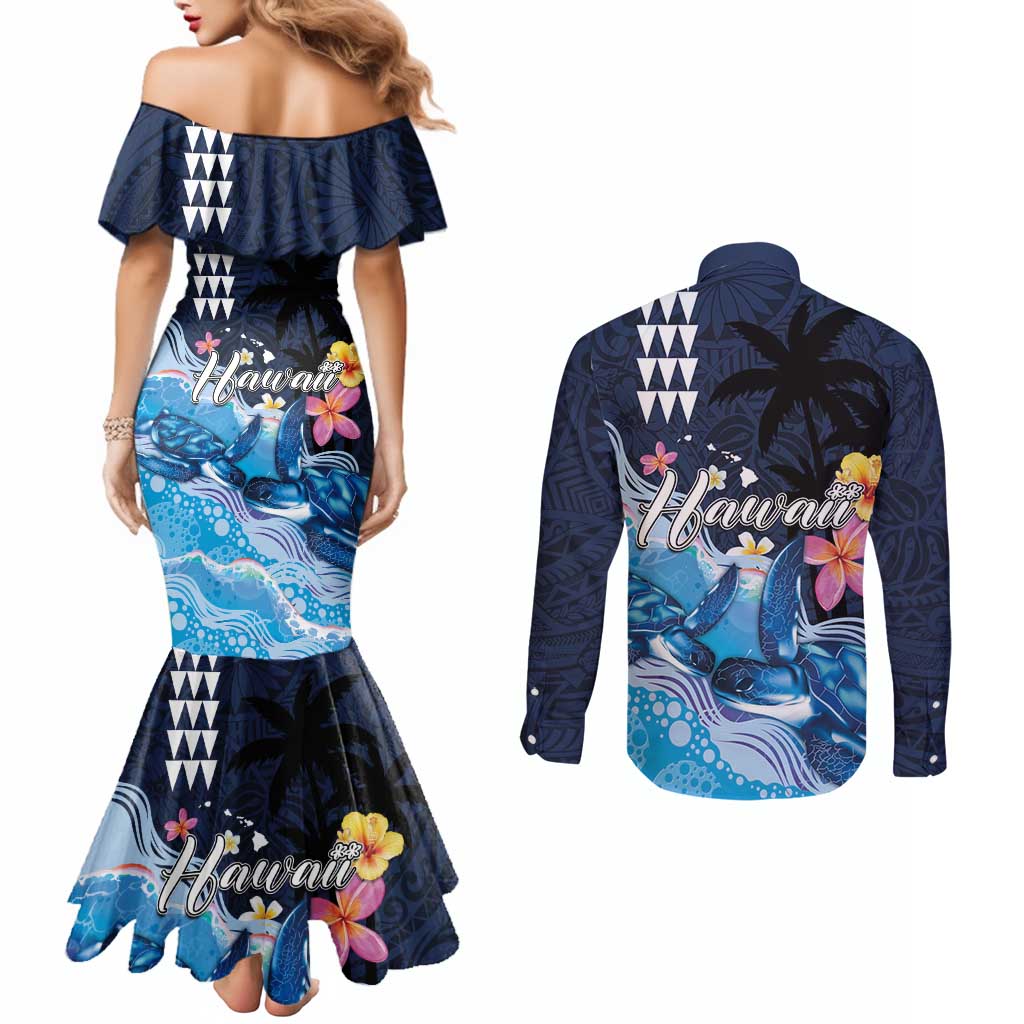 Hawaiian Honu Honi Ihu Couples Matching Mermaid Dress and Long Sleeve Button Shirt With Plumeria and Kakau Art Pattern