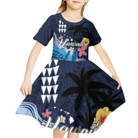 Hawaiian Honu Honi Ihu Kid Short Sleeve Dress With Plumeria and Kakau Art Pattern
