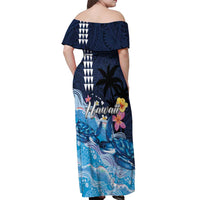 Hawaiian Honu Honi Ihu Off Shoulder Maxi Dress With Plumeria and Kakau Art Pattern