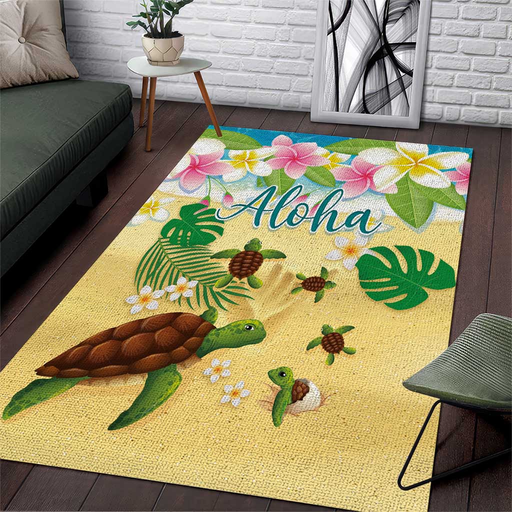 Aloha Turtle Family on The Beach Area Rug with Hawaiian Colorful Plumeria