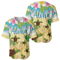 Aloha Turtle Family on The Beach Baseball Jersey with Hawaiian Colorful Plumeria