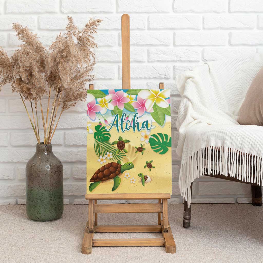 Aloha Turtle Family on The Beach Canvas Wall Art with Hawaiian Colorful Plumeria