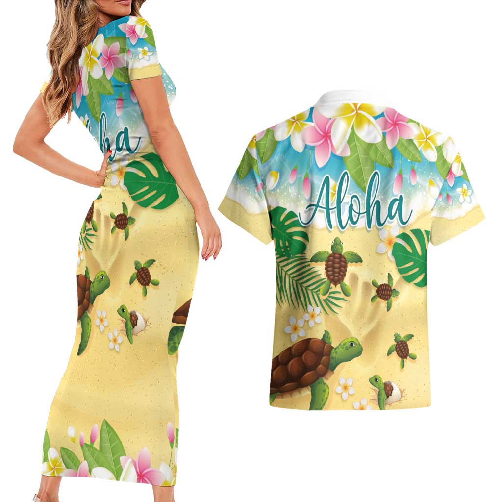 Aloha Turtle Family on The Beach Couples Matching Short Sleeve Bodycon Dress and Hawaiian Shirt with Hawaiian Colorful Plumeria