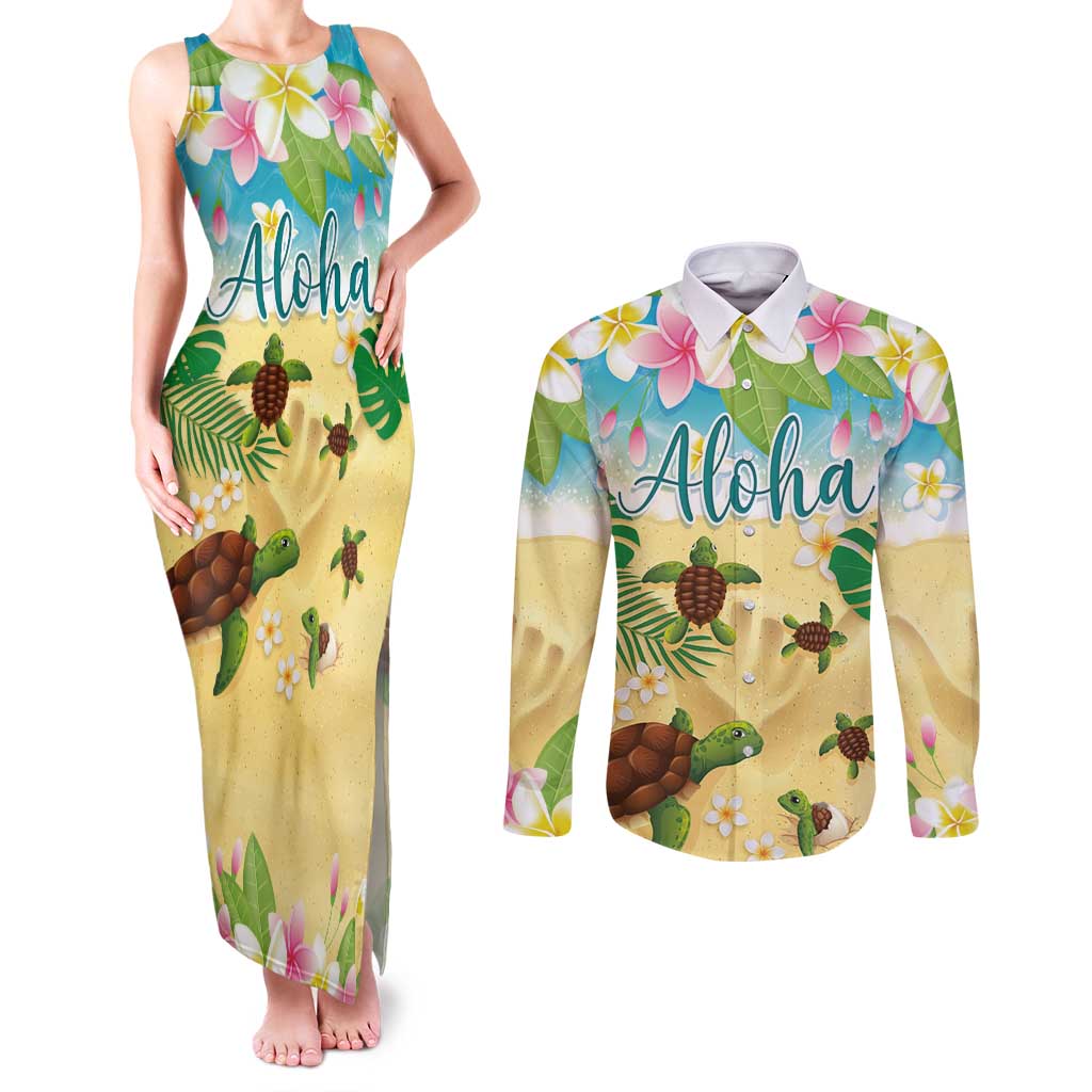 Aloha Turtle Family on The Beach Couples Matching Tank Maxi Dress and Long Sleeve Button Shirt with Hawaiian Colorful Plumeria