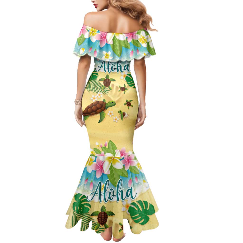 Aloha Turtle Family on The Beach Family Matching Mermaid Dress and Hawaiian Shirt with Hawaiian Colorful Plumeria