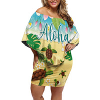 Aloha Turtle Family on The Beach Family Matching Off Shoulder Short Dress and Hawaiian Shirt with Hawaiian Colorful Plumeria